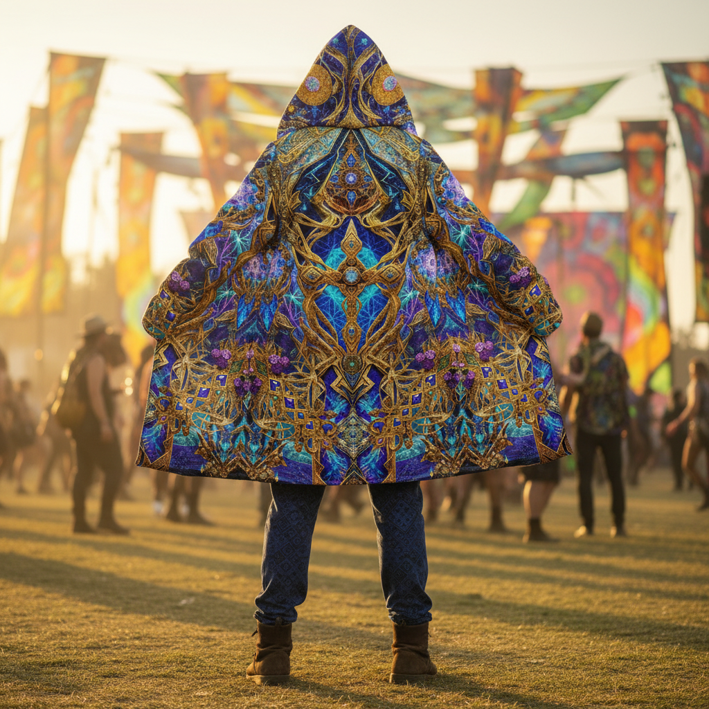 Product image of the Gold Cosmic Cross men's festival cloak with the hood up: gold filigree over sapphire blue with ice-blue crystal facets and violet blossoms on a hooded festival cloak for burner weddings