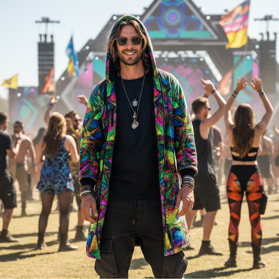 Man on a sunny festival field in the Crystalline Forest men's festival cloak, hood up and worn open over black: crystal facets in emerald, magenta, violet, cobalt and gold, a cloak for cool Northeast festival nights