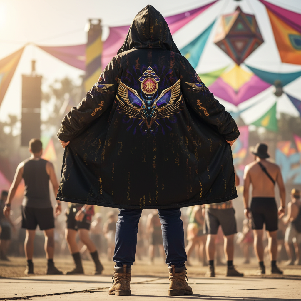 Product image of the Golden Scarab festival cloak from the back, hood up: black fleece with a golden winged scarab around a jeweled heart