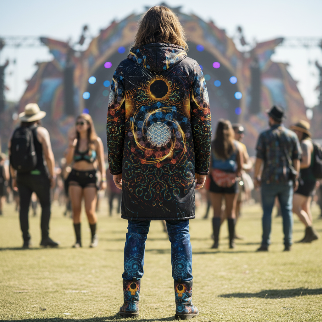 Back view of the Solar Eclipse men's festival cloak at a festival field, hood up: a black sun ringed in gold fire above a white flower-of-life orb, a hooded cloak for Bass Coast nights