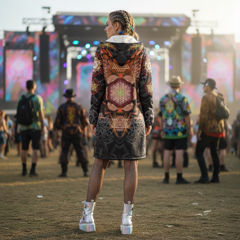 Back view of the Angel Catcher Orange women's festival cloak on a festival field: a peach flower-of-life hexagon ringed by spiral curls and rust feathered rays over charcoal Celtic knotwork, a hooded cloak for Burning Flipside nights