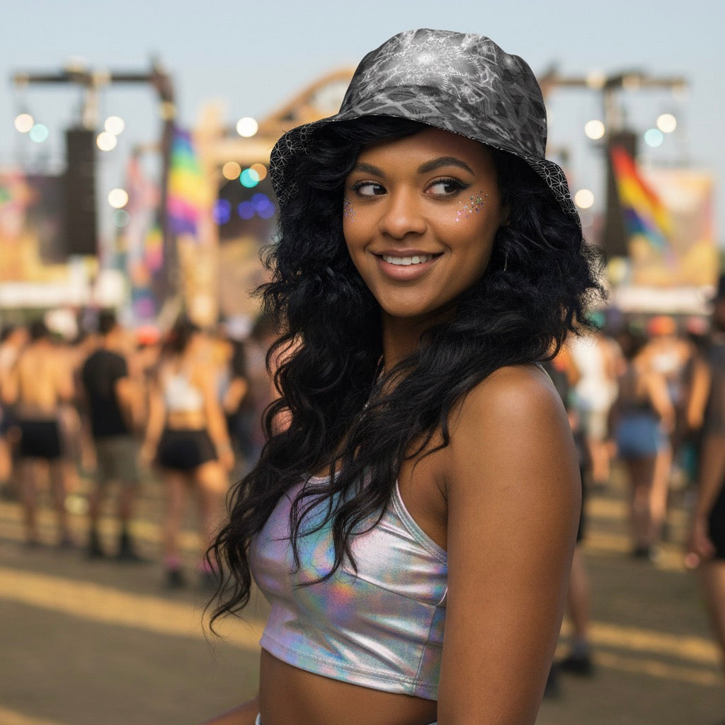 Product image of the Ophanim Grey bucket hat, worn: a grey and charcoal festival bucket hat with a white starburst on the crown and white lattice under the brim, on a smiling woman in a holographic crop top before a festival stage