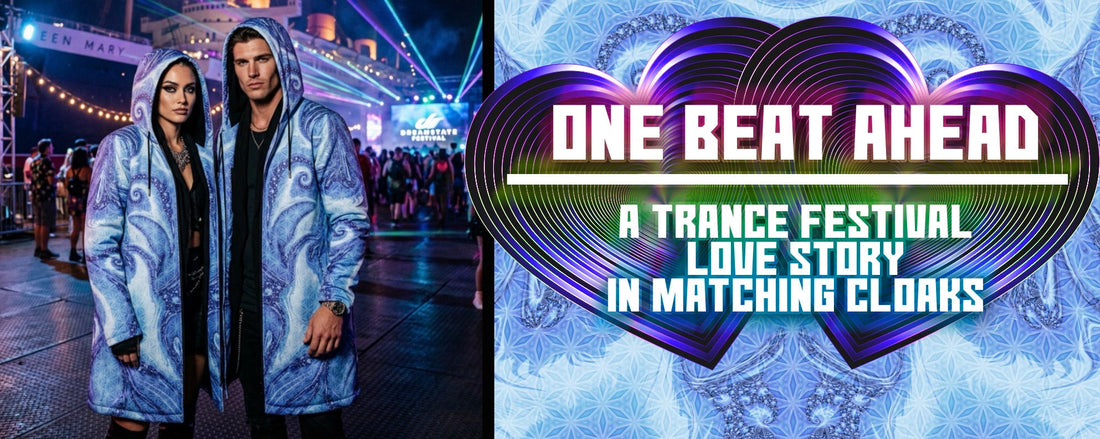 One Beat Ahead: A Trance Festival Love StoryImage of a couple wearing matching Blue Cosmic Flower of Life festival cloaks at Dreamstate. Two hooded rave cloaks printed with periwinkle, sky blue and white flower-of-life flourishes like frost lace
