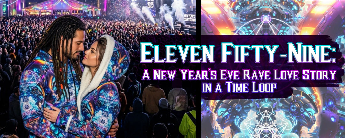 11:59 A New Year’s Eve Rave Love Story banner featuring a couple in a matching festival outfit, Cyber Punk Mech, an all over print hoodie in cotton with neon teal, electric blue and violet biomechanical patterns on deep navy