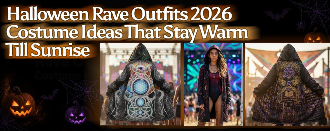 Halloween Rave Outfits 2026: Costume Ideas That Stay Warm Till Sunrise Banner with all over print warm and cosy rave cloaks for men and women