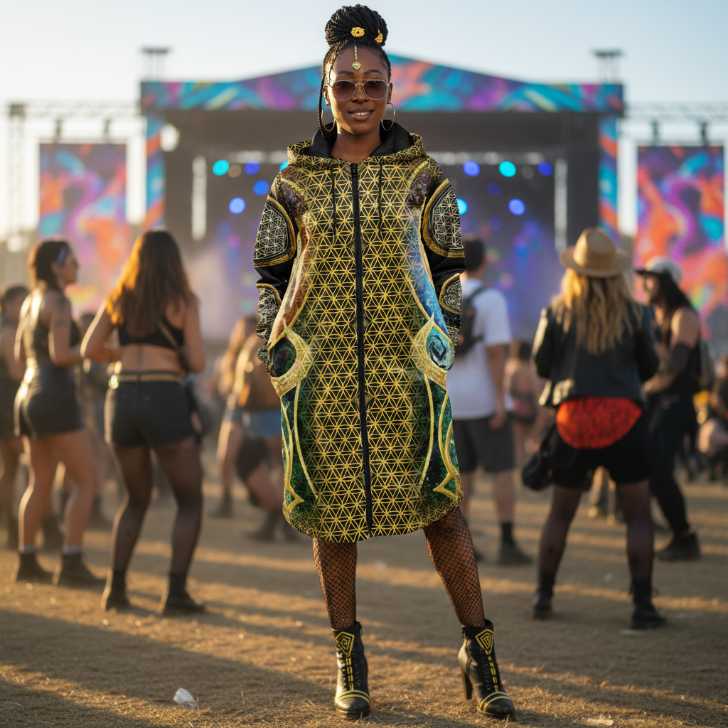 Woman with braids in a high bun, gold hair pins and rose-tinted aviators, hands in the pockets of the zipped Mystic Eye Gold women's festival cloak: gold Flower of Life circles netted over black, emerald and teal side panels, fishnets and black boots