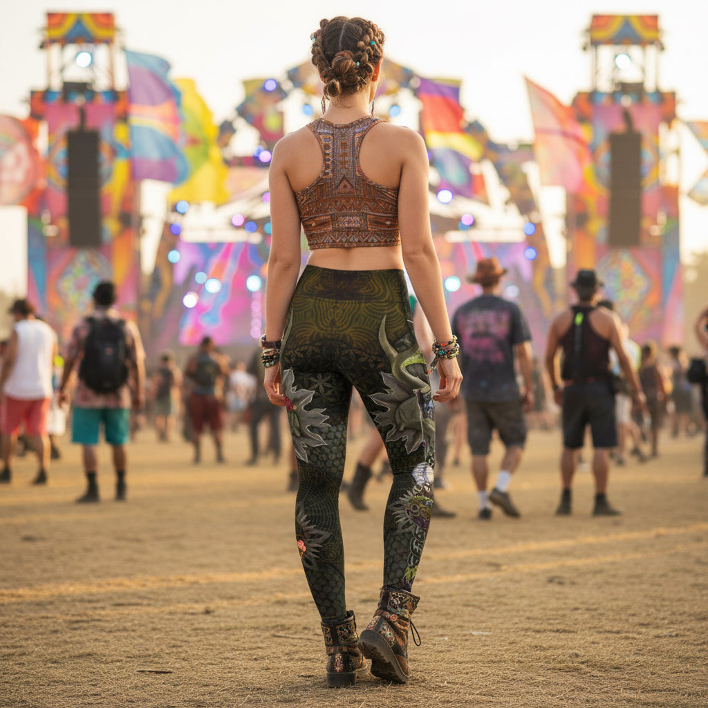 Product image of the Forest Wizard Gold yoga leggings worn from the back on a festival field: olive and bronze psychedelic leggings with a Flower of Life lattice, a curling horn and silver-gray leaf fronds before a bannered stage