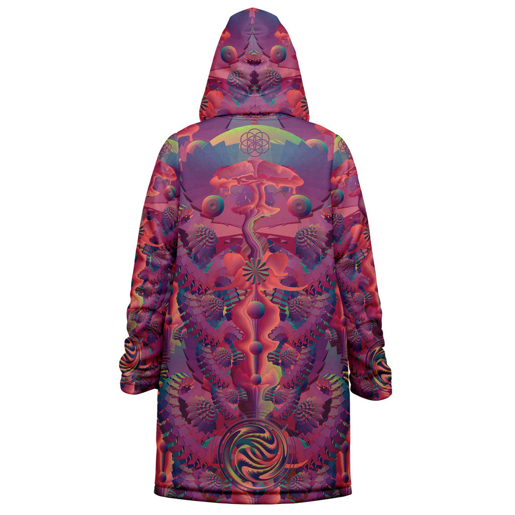 Fuchsia Shroom Flower Of Life Women's Festival Cloak detail view with mystical style