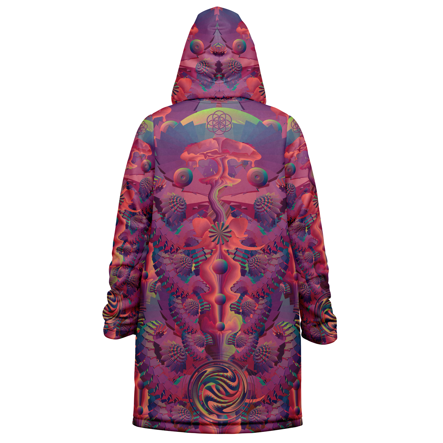 Fuchsia Shroom Flower Of Life Women's Festival Cloak detail view with mystical style