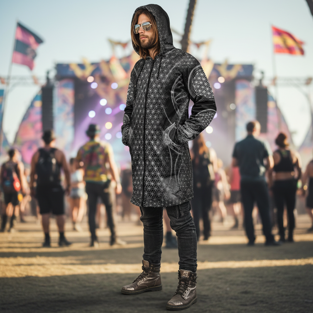 Black Mystic Eye Men's Festival Cloak detail view with EDM festival fashion and mystic eye artwork