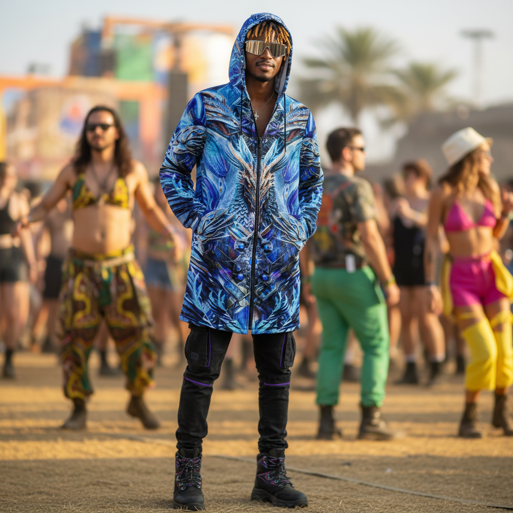 Electric Dragonscape Men's Festival Cloak side view with psychedelic art