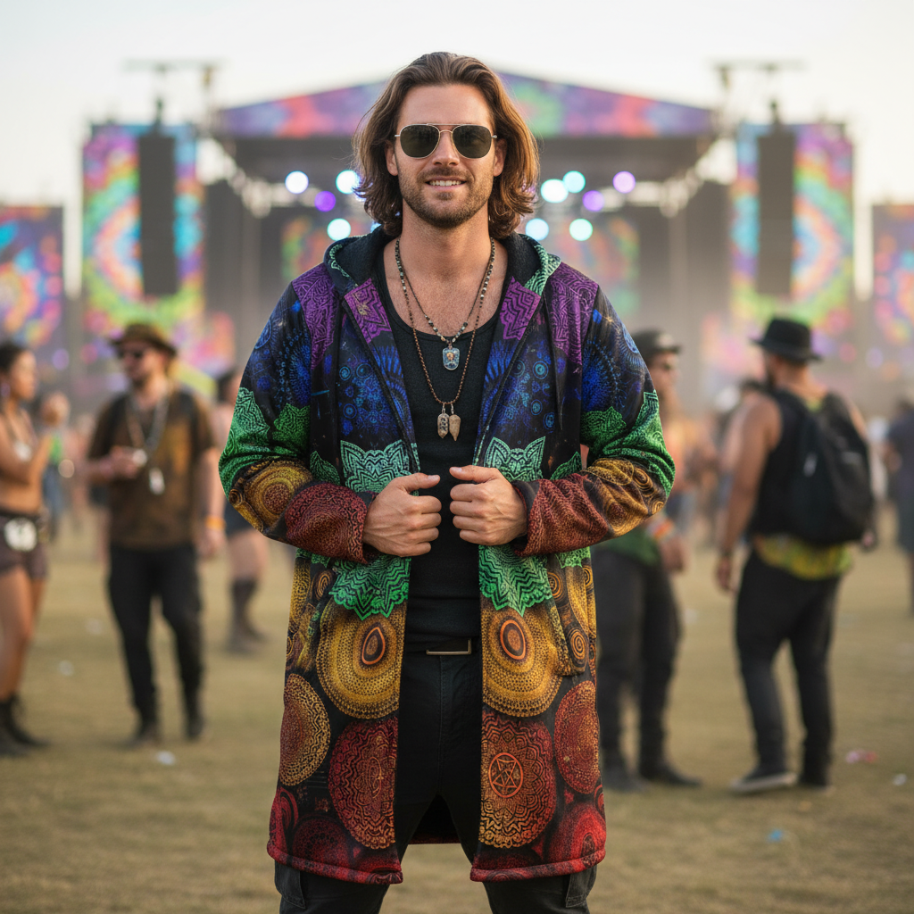 Chakra Mandala Men's Festival Cloak detail view with statement outerwear