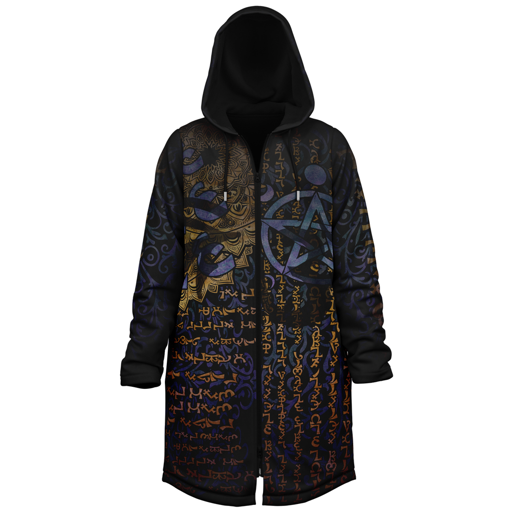 Enochian Vision Blue Men's Festival Cloak side view with trippy visionary art