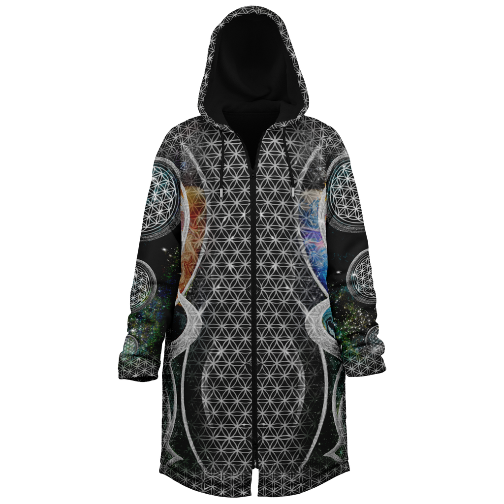 Silver Mystic Eye Women's Festival Cloak side view with occult-inspired art