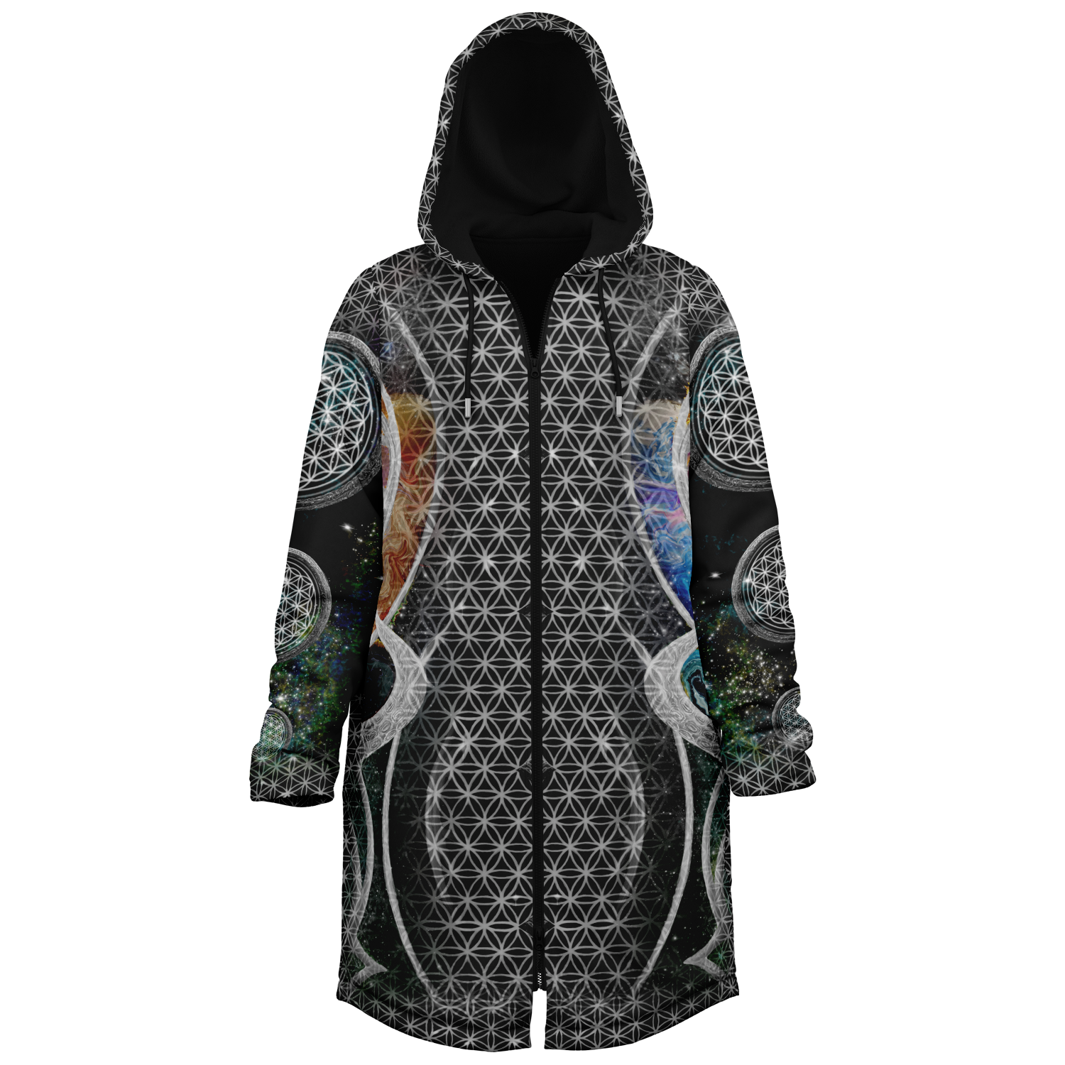 Silver Mystic Eye Women's Festival Cloak side view with occult-inspired art