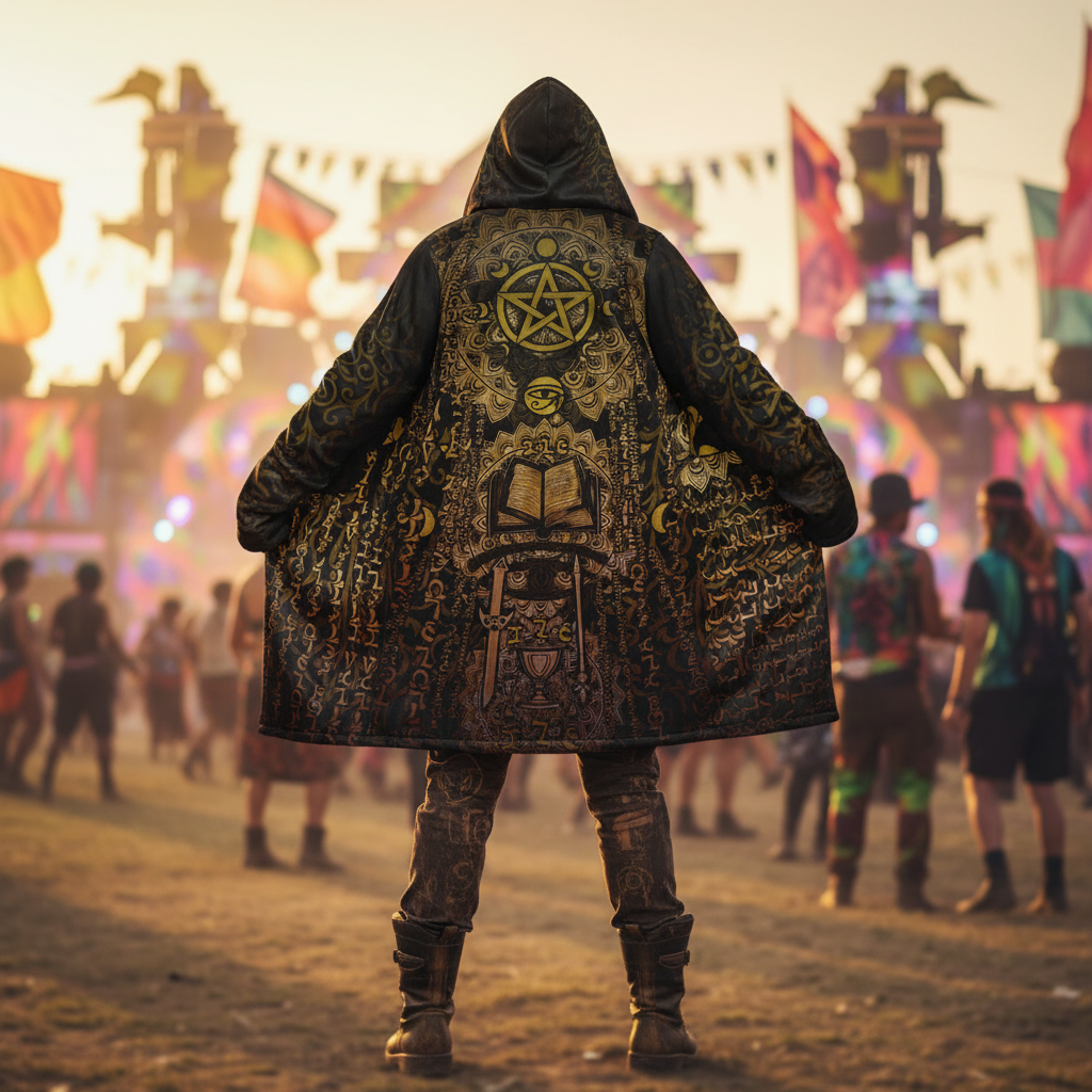 Enochian Vision Gold Men's Festival Cloak front view with sacred geometry cloak