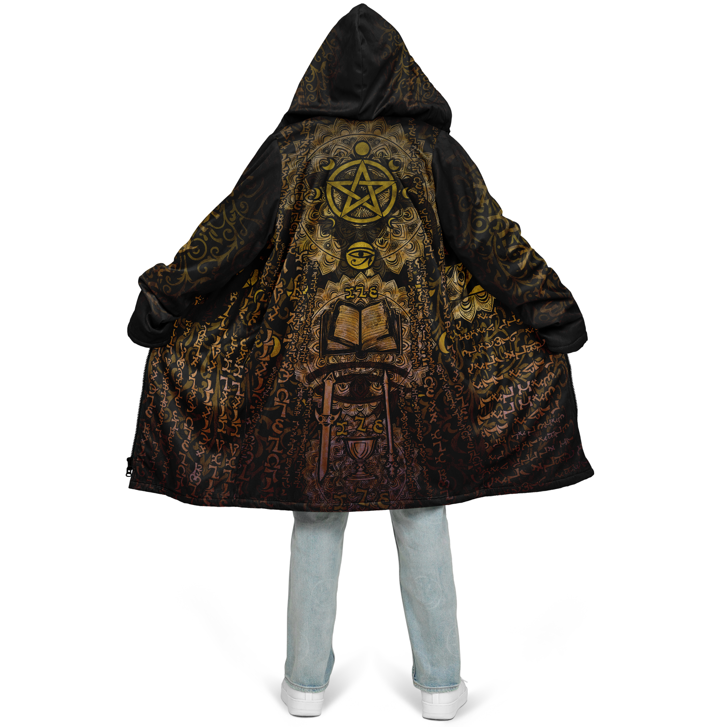 Enochian Vision Gold Men's Festival Cloak front view with sacred geometry cloak