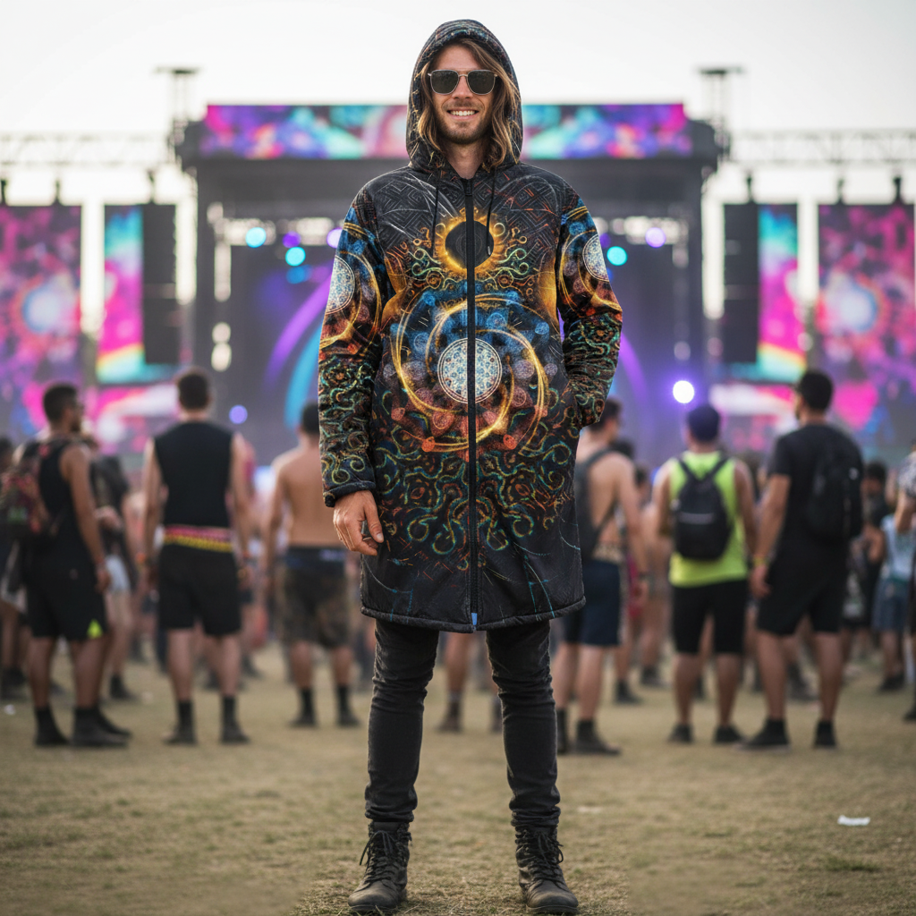 Solar Eclipse Men's Festival Cloak back view with EDM festivals