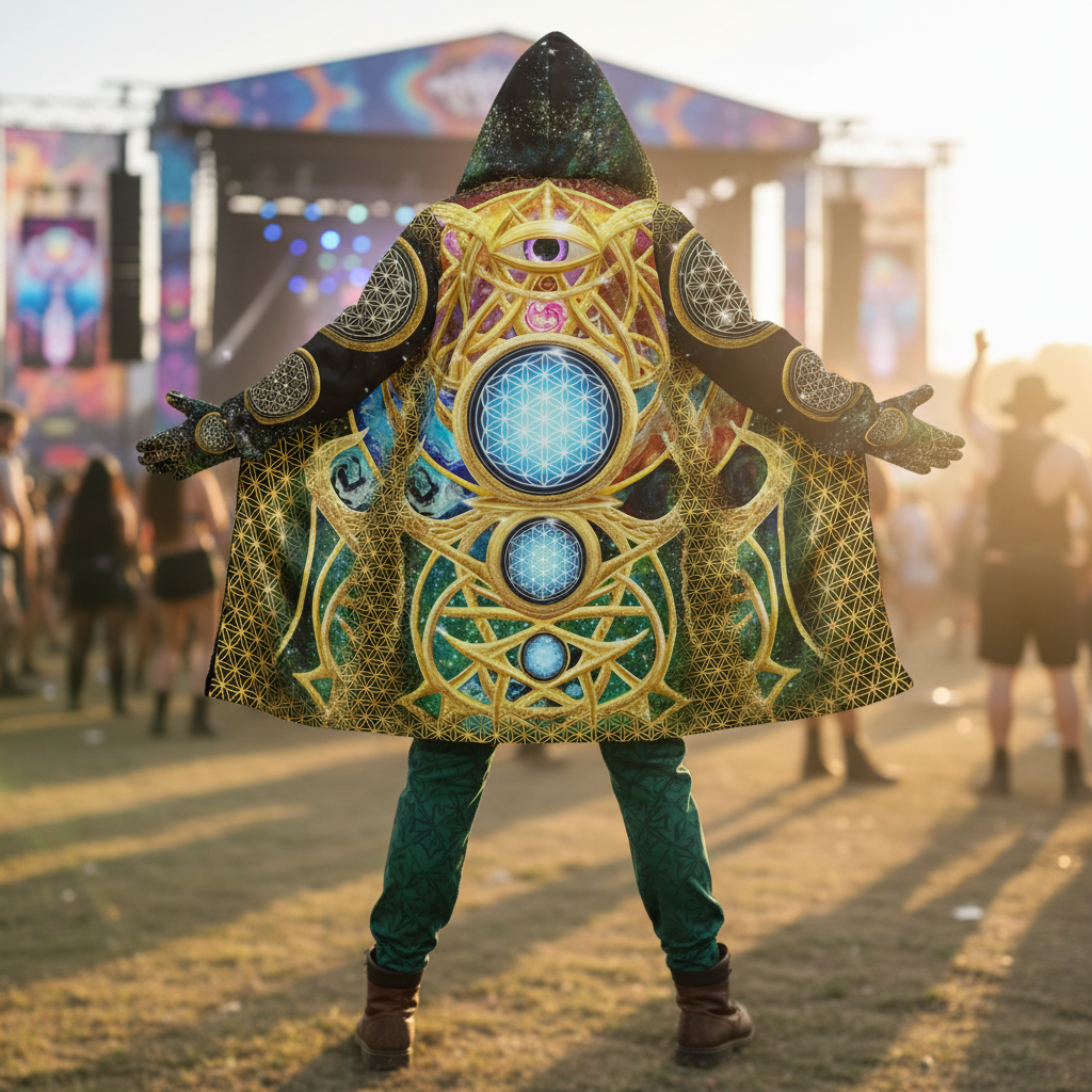 Mystic Eye Gold Men's Festival Cloak front view with mystical cloak