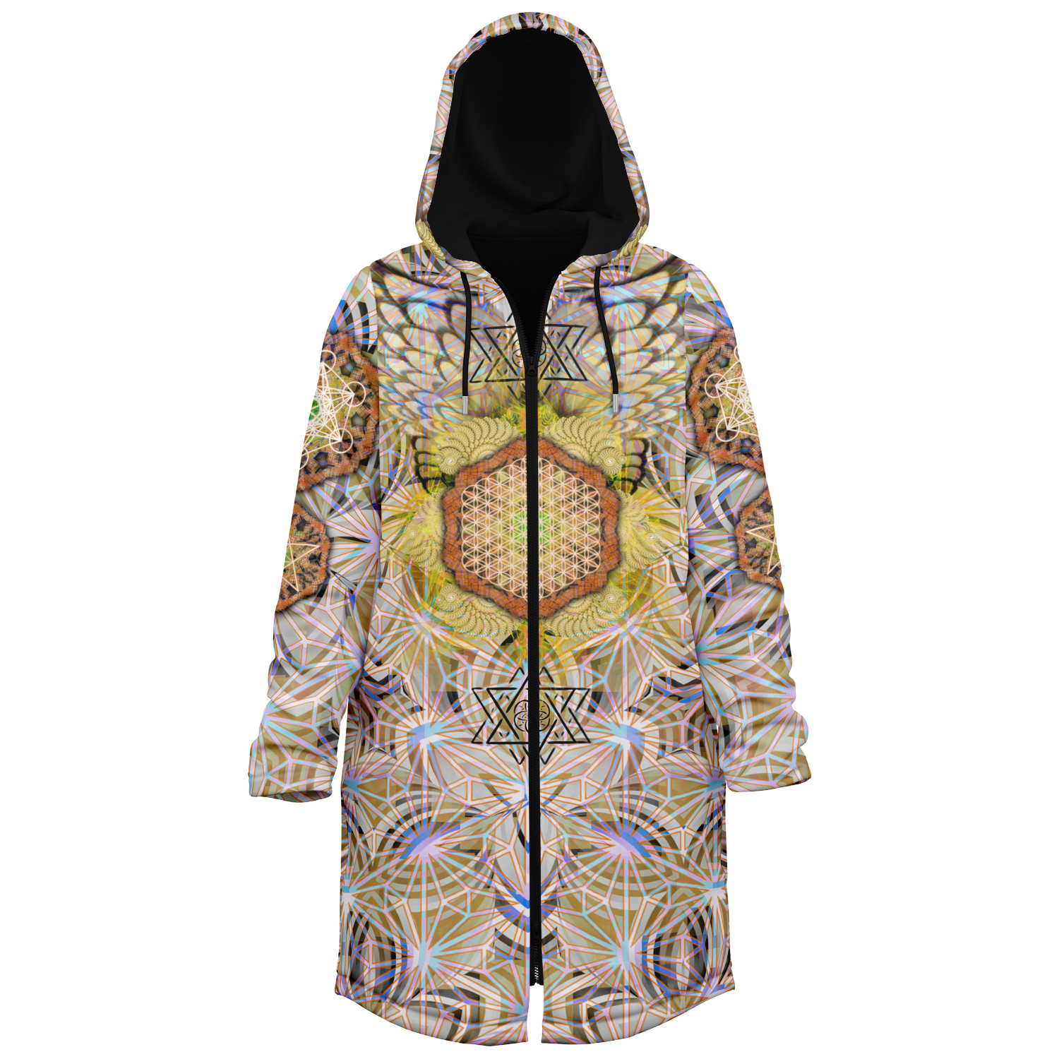 Angel Catcher Light Yellow Men's Festival Cloak side view with occult-inspired art
