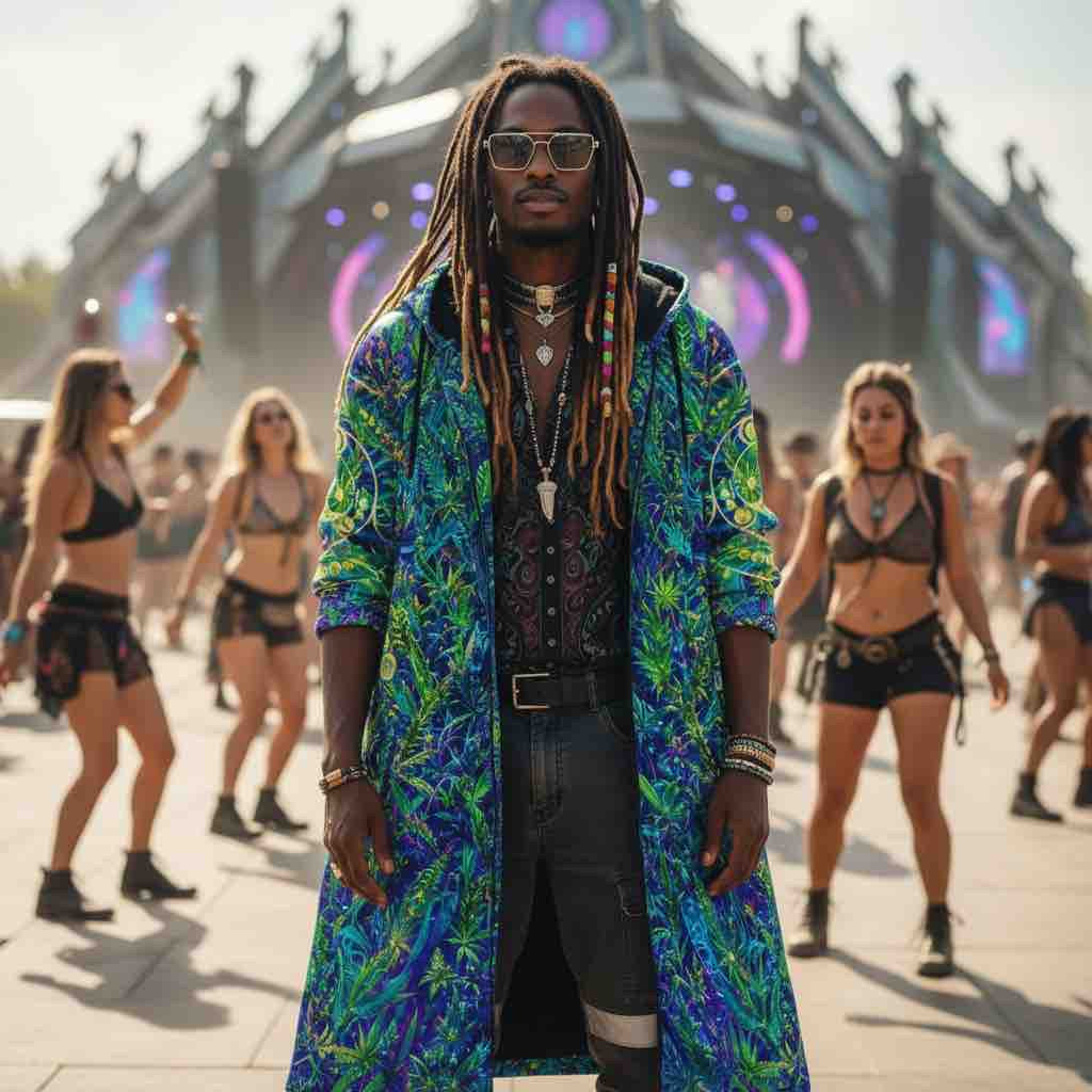 Wizard Stoner Alien Men's Festival Cloak side view with spiritual art and wizard stoner alien artwork