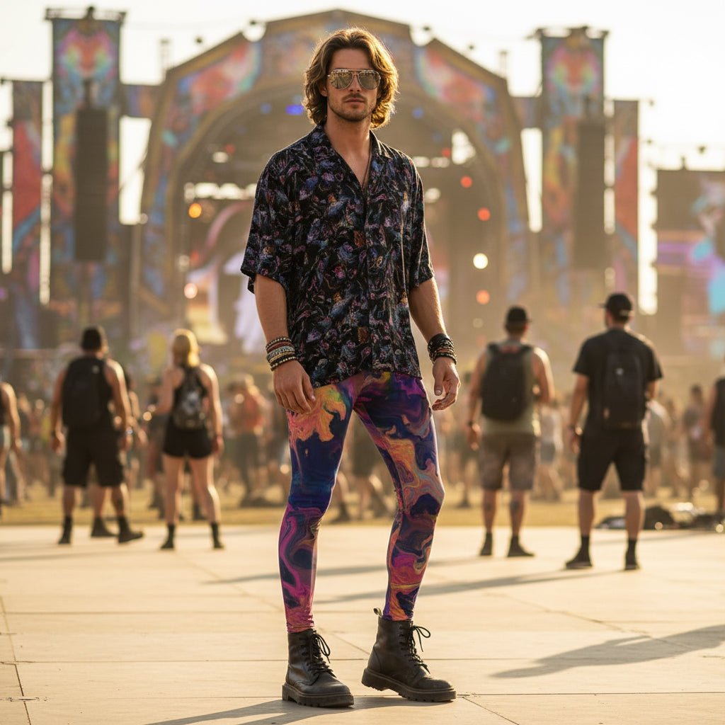 Liquified Abyss Men's Festival Leggings detail view with festival layering