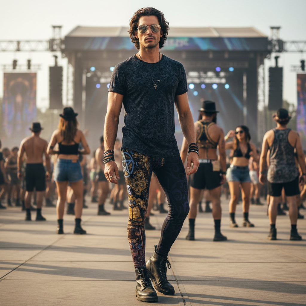 Enochian Vision Men's Festival Leggings back view with music festivals