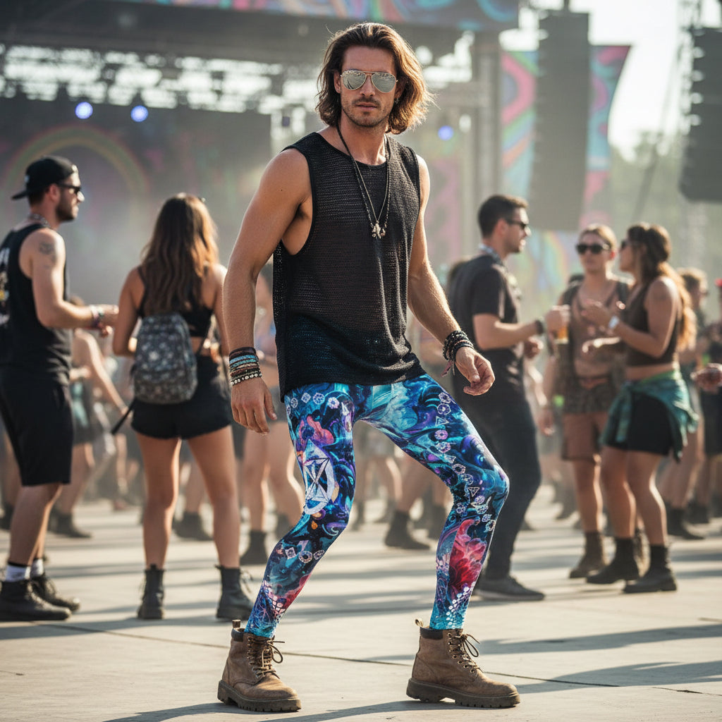 Alien Cyber Punk Mech Men's Festival Leggings side view with occult-inspired art