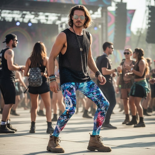 Alien Cyber Punk Mech Men's Festival Leggings side view with occult-inspired art