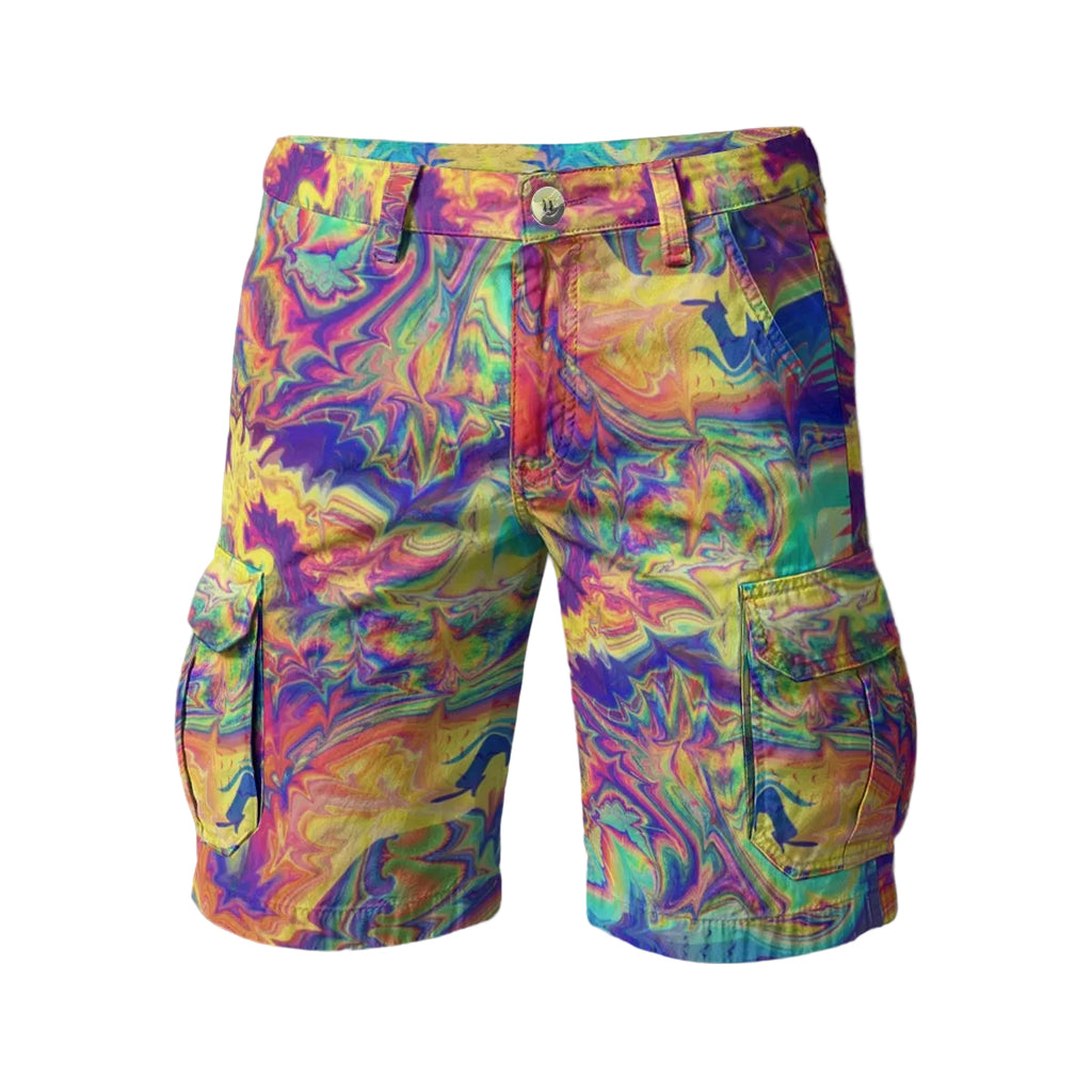 Windowpane men's cargo shorts side view with trippy rave style