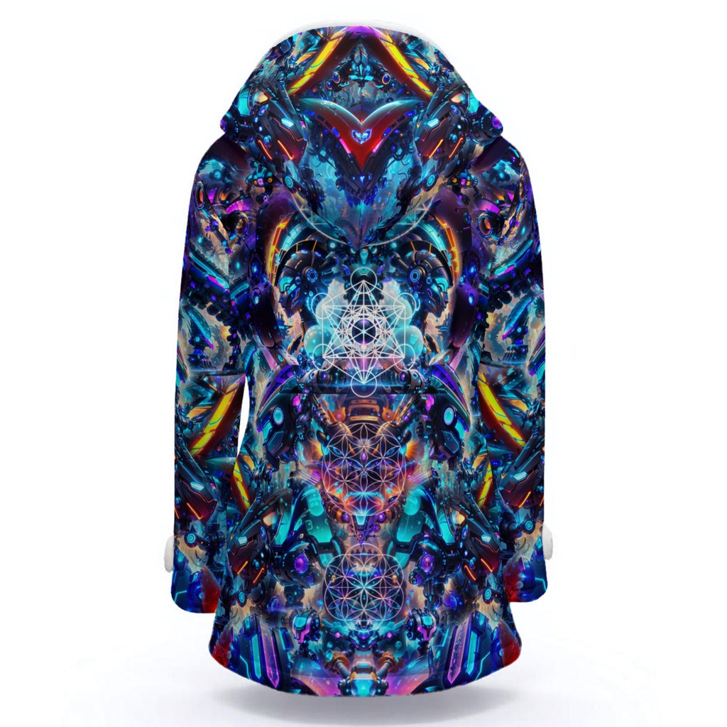 Cyber Punk Mech women's festival outerwear back view with hooded coat design