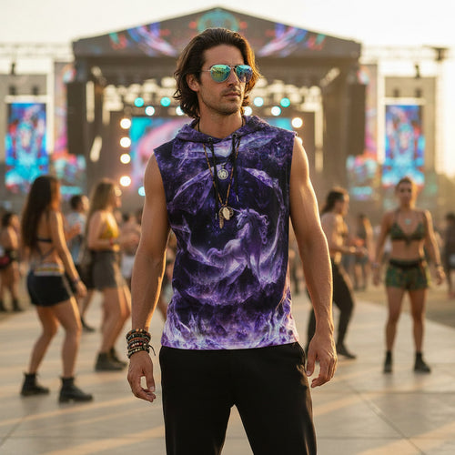 Amethyst Unicorn men's sleeveless hoodie front view with purple psychedelic pattern