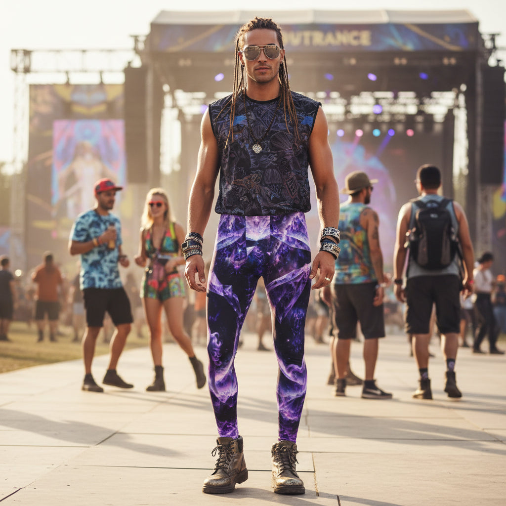 Amethyst Unicorn Men's Festival Leggings side view with visionary art