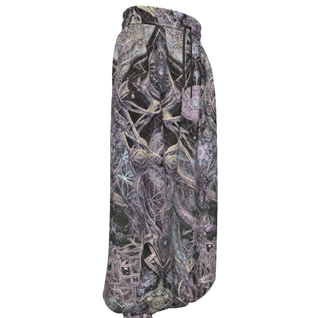 Cosmic Cross Silver men's rave pants detail view with visionary art pattern