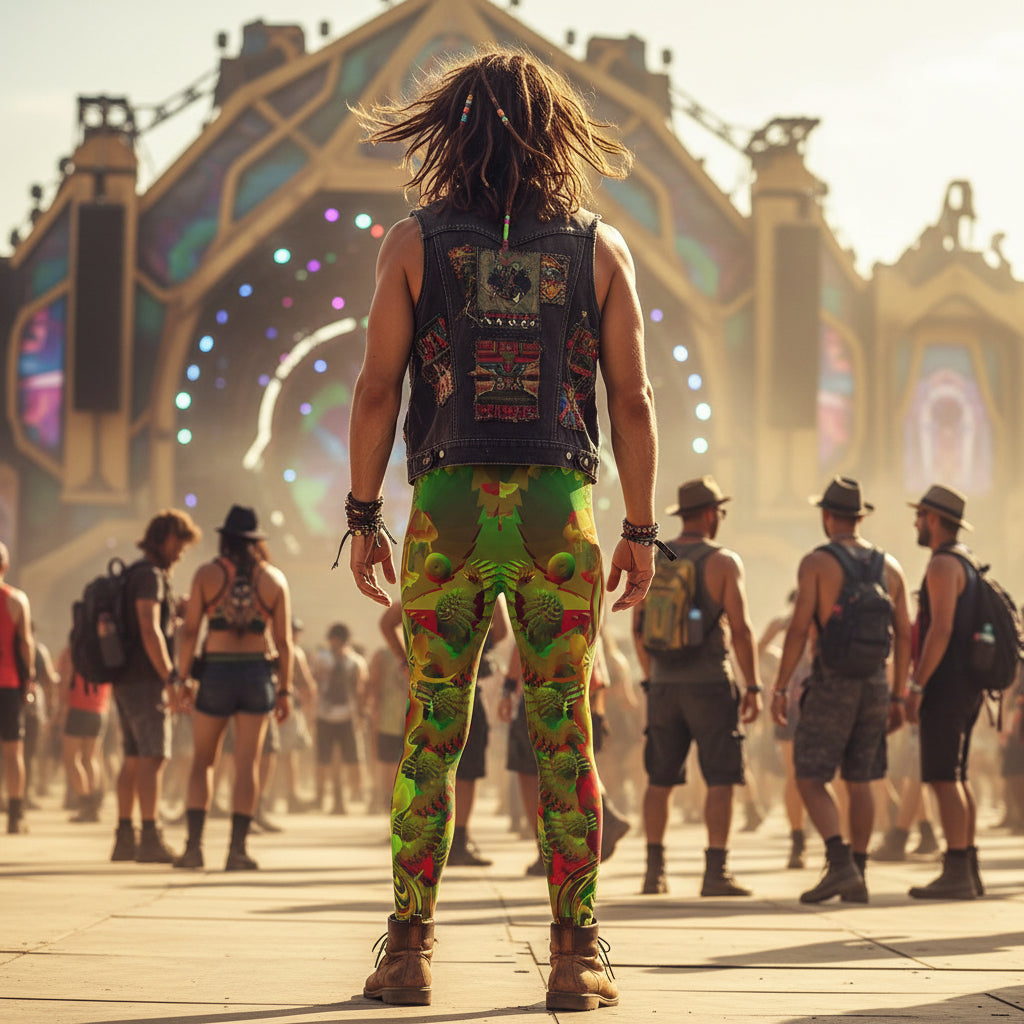 Shroom Flower of Life Green Men's Festival Leggings side view with sacred geometry art