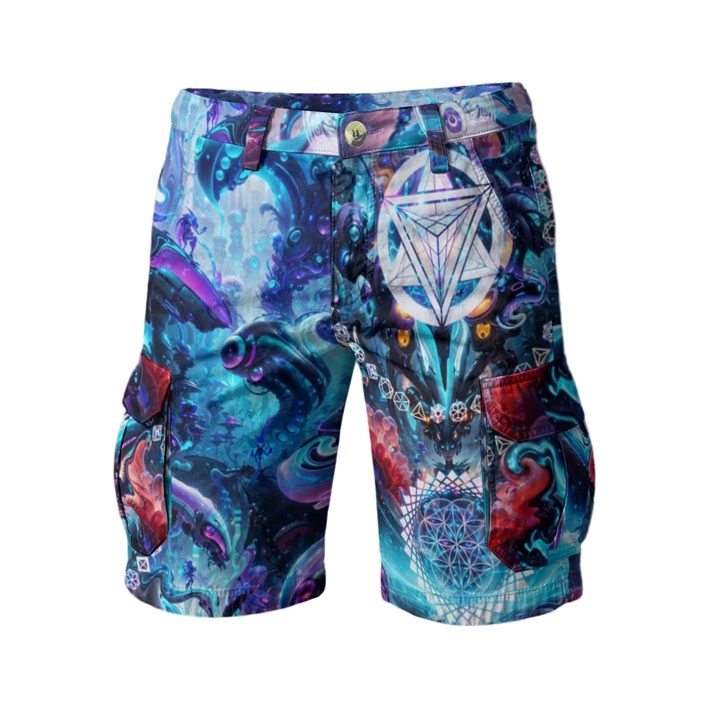 Alien Cyber Punk Mech men's cargo shorts back view with cargo pocket detail