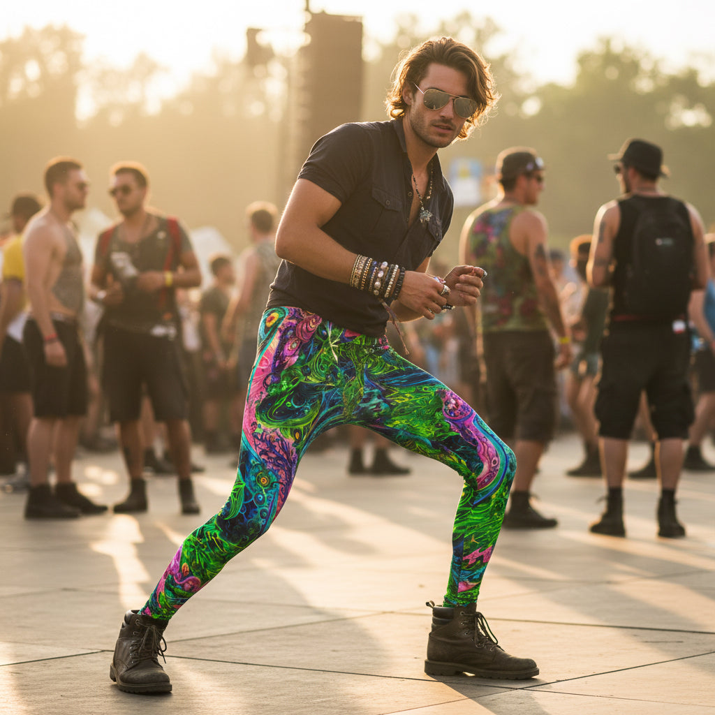 Psy Tribal Shroom Men's Festival Leggings back view with psytrance clothing