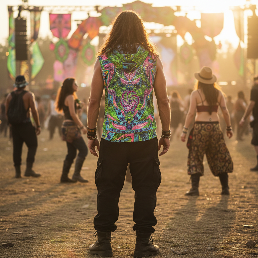 Psy Tribal Shroom Cotton Sleeveless Pullover Hoodie Vest