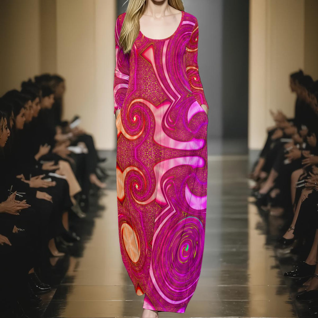 Psy Swirl Pink women's festival maxi dress back view with crushed velvet silhouette