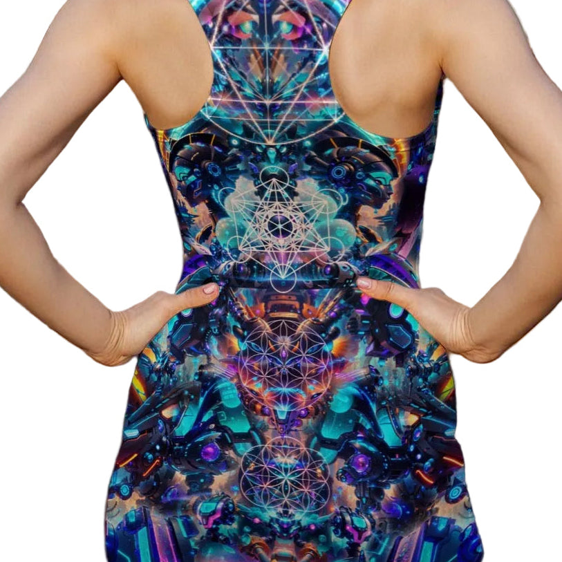 Cube Punk Mech women's sheer mesh dress detail with mech design