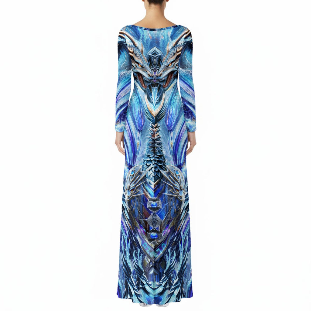 Electric Dragonscape women's long sleeve crushed velvet dress side view with trippy festival style