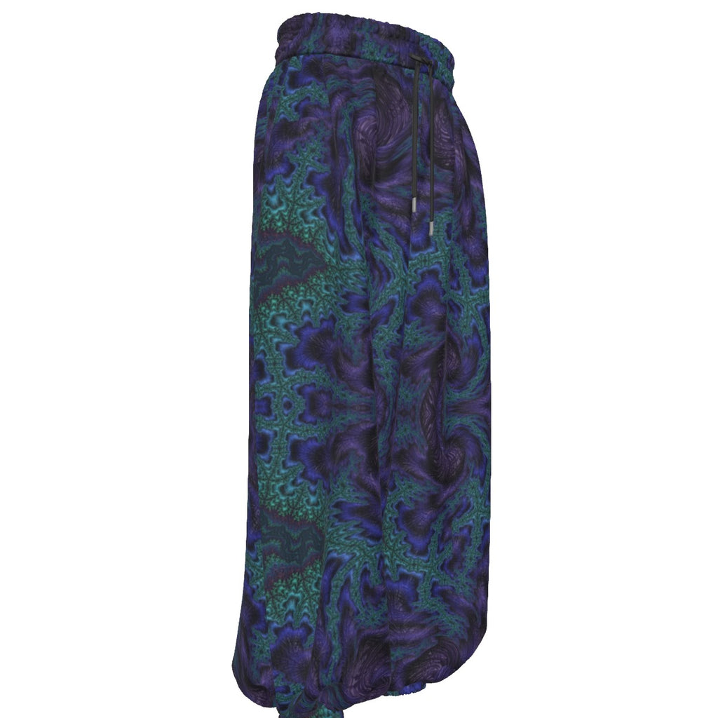 Feathery Fractal men's rave pants detail view with visionary art pattern