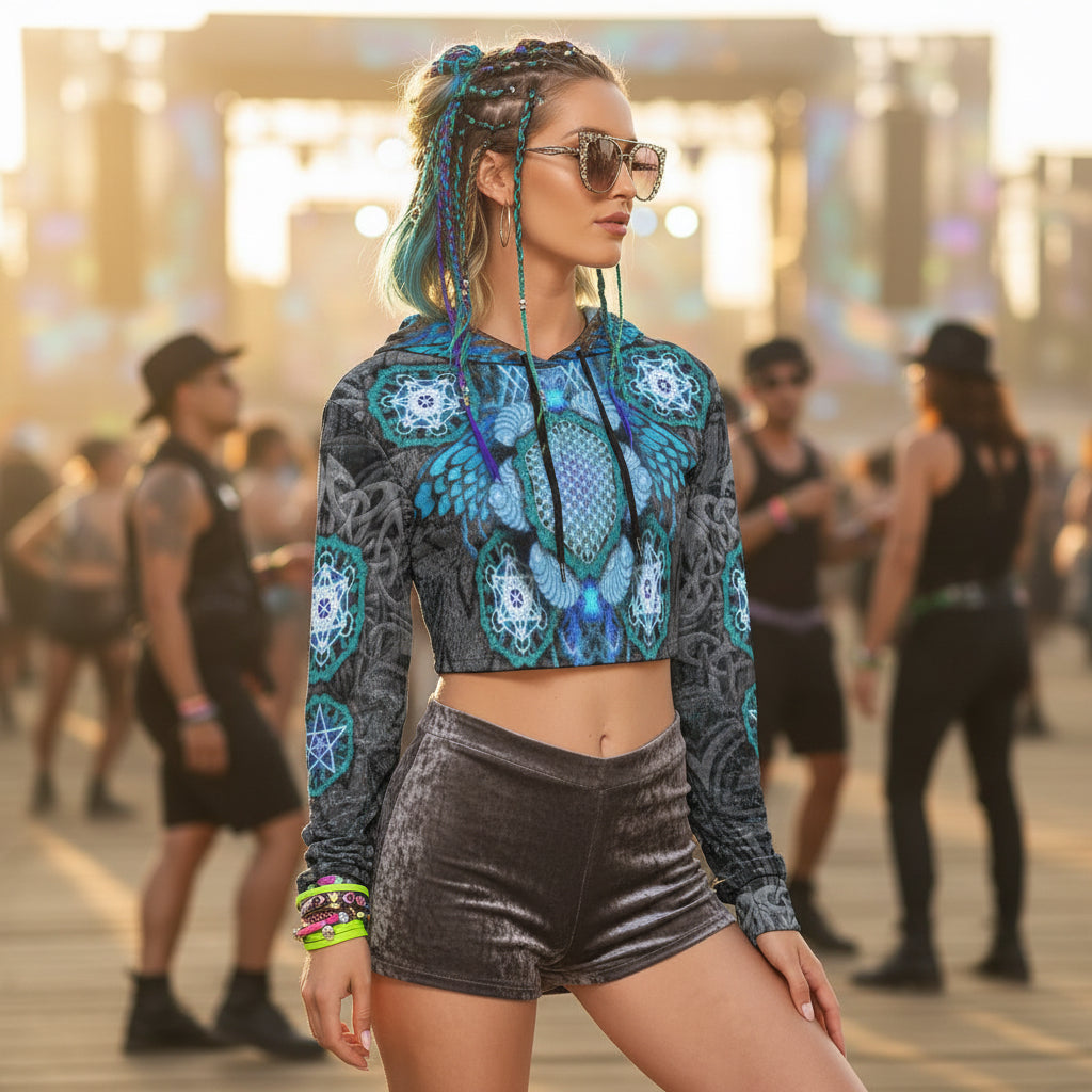 Angel Catcher women's crushed velvet crop hoodie front view with angel-inspired psychedelic pattern