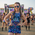 Cube Punk Mech women's sheer mesh bodycon dress front view with cyberpunk psychedelic pattern