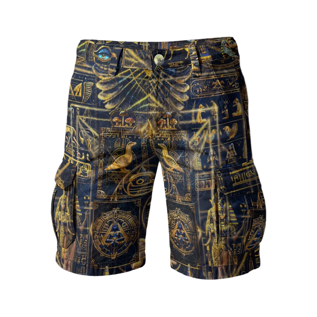 Egyptian Atlantis men's cargo shorts front view with psychedelic artwork