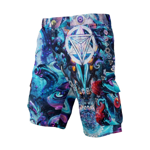 Alien Cyber Punk Mech men's cargo shorts side view with trippy festival design