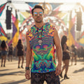 Acid Melt men's sleeveless hoodie front view with psychedelic acid pattern