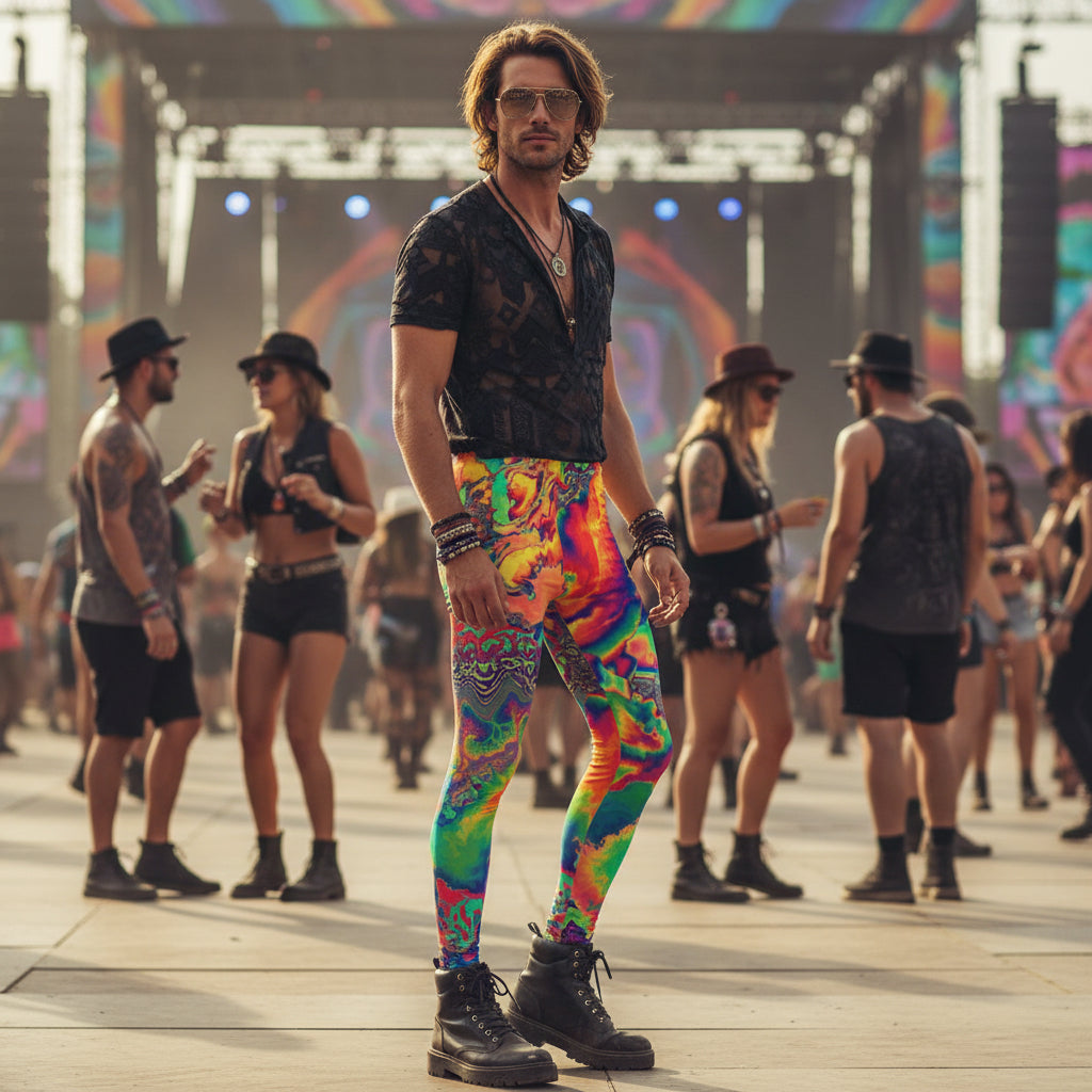 Acid Melt Men's Festival Leggings front view with sacred geometry leggings