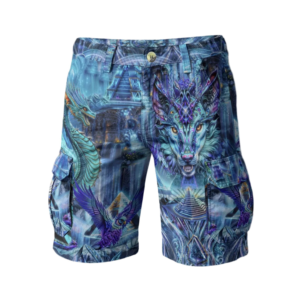Dreamweaver men's cargo shorts front view with psychedelic artwork