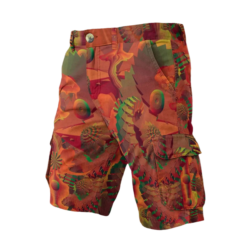 Shroom Flower of Life Red men's festival shorts back view with cargo pocket detail